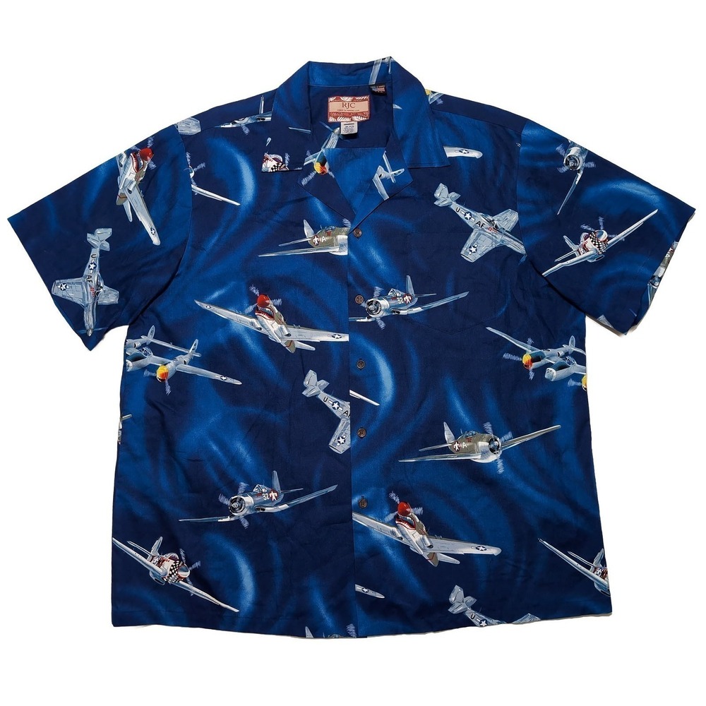 RJC Hawaiian Shirt WWII Fighter Planes US Air Force Made USA Blue XXL 2XL